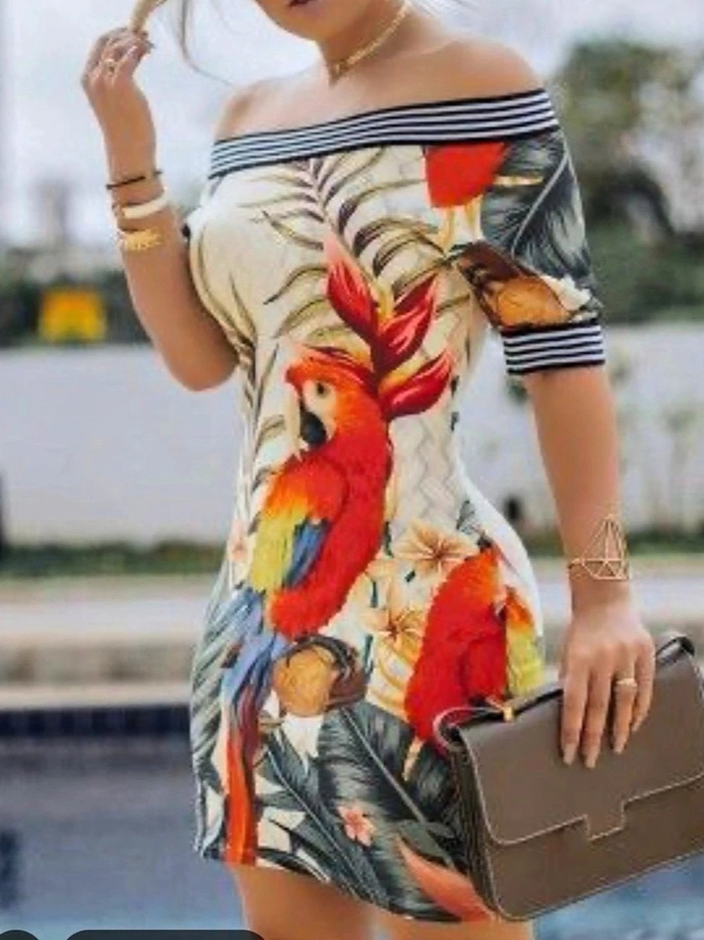 Tropical Parrot Print Off-Shoulder Dress Mini Dress - Picture 3 of 9